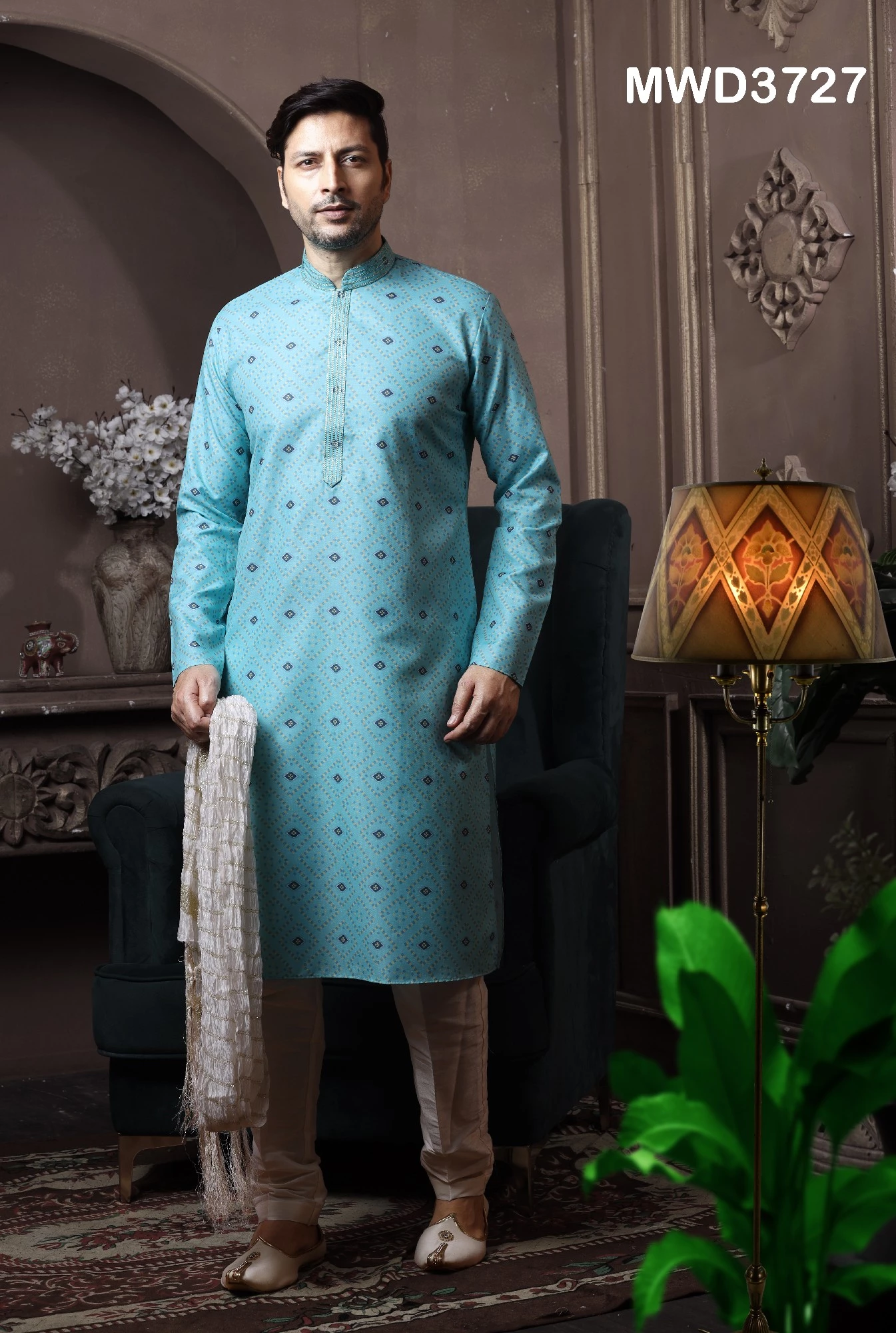 Readymade Blue Printed Motifs Kurta Pajama, 36-1.webp